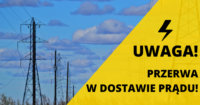 Po lewej stronie słupy elektryczne na tle błękitnego nieba. Po prawej komunikat na żółtym tle 